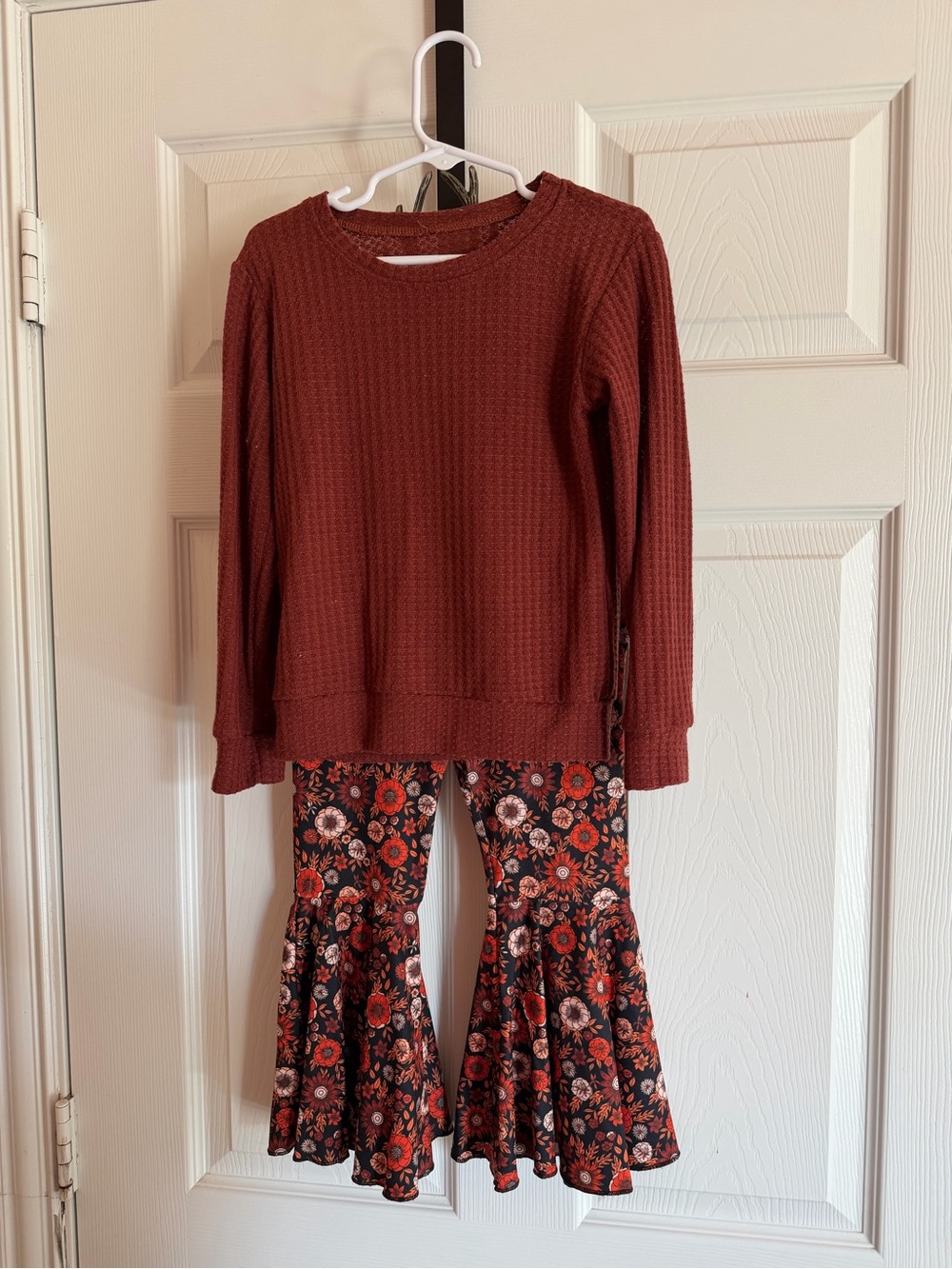 Girls' Brick Red Waffle-Knit Long Sleeve Top and Floral Bell Bottom Set
